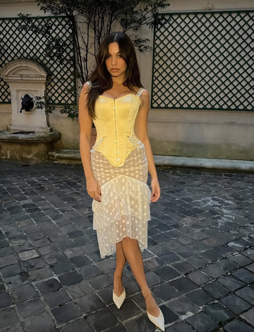 Yellow Mermaid Straps Corset Pearl Satin Short Homecoming Dress Outfits HZ1023
